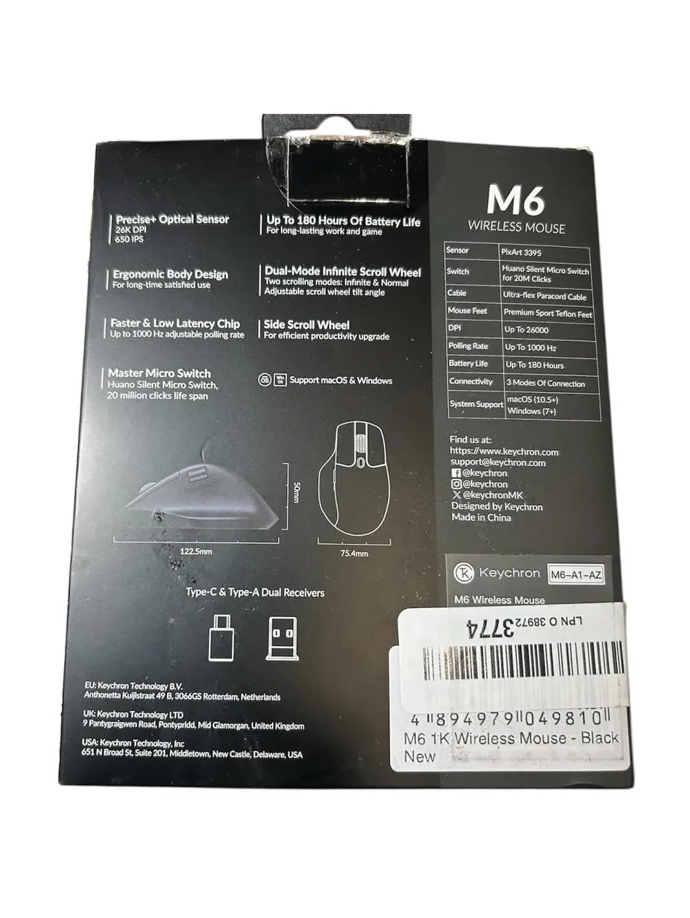 Keychron M6 Wireless Computer Mouse 26K DPI Optical Computer Mouse Black- NEW